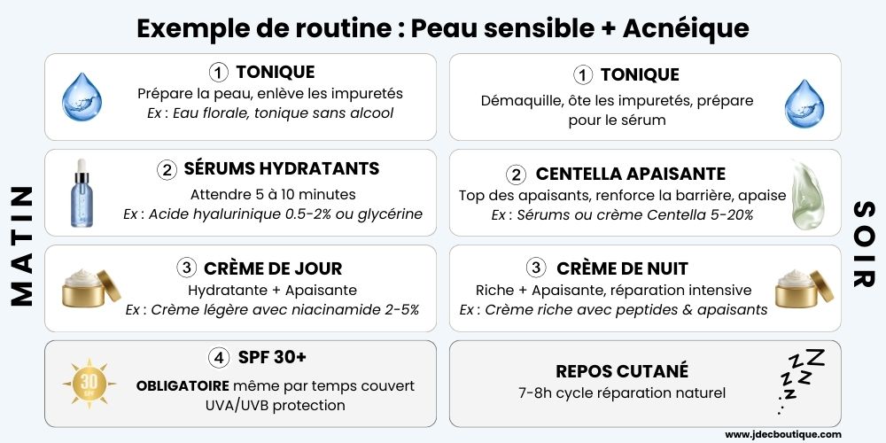 Exemple de routine : Peau sensible + Acnéique matin soir - Tonique Sérums hydratants Crème jour SPF Centella Crème nuit repos cutané